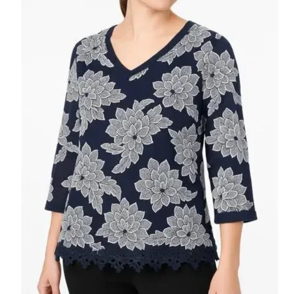 CHICO'S 2 Embroidered Floral Story 3/4 Sleeve Tunic Navy Blue White Floral Large